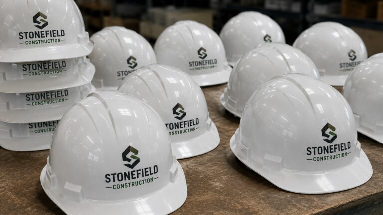 Custom hard hats with company logo lined up on a jobsite table