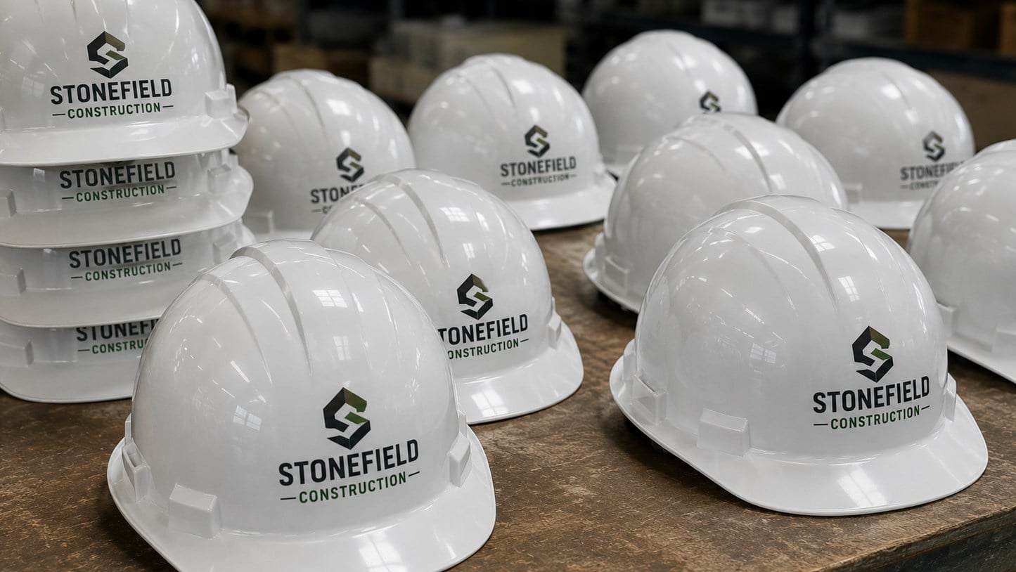 Custom hard hats with company logo lined up on a jobsite table
