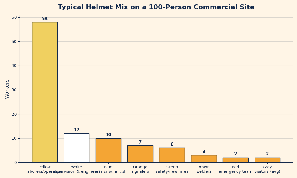 Bar chart showing the typical hard hat color mix on a 100-person commercial construction site, with yellow general labor the largest group
